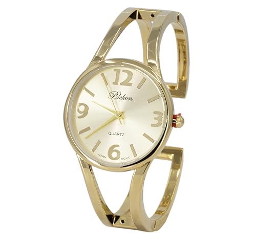 Blekon Collections Analog Quartz Women's Elegant 33mm Case Casual Metal Cuff Bangle Watch (Gold)…