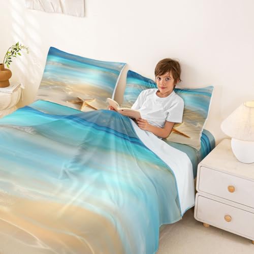 Image of jejeloiu Beach Scenery Bed Sheets Set Full Size Ocean Bed Set Coastal Nautical Deep Pocket Fitted Sheet Starfish Seashell Conch Breathable Soft Lightweight Microfiber