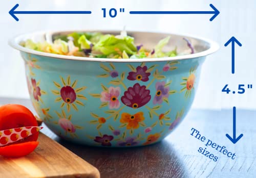 Large Hand Painted Stainless Steel Fruit Bowl - Decorative Floral Salad Mixing And Serving Bowl - Traditional Kashmiri Art For Home Decor (Light Blue) #TOP4
