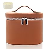 KJMYYXGS Leather Makeup Bag with Dividers Make Up Organizers with Compartments and Handle for Vanity Travel Makeup Countertop Case (brown)