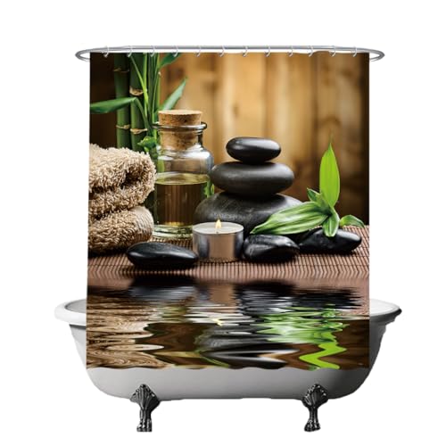 Ulticool Rideau de douche, motif Zen Spa et méditation, rouille naturelle, 180 x 180 cm, lavable, anti-moisissure, avec 12 anneaux, vert, beige, noir