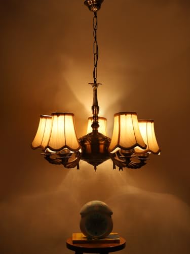 Image of Devansh 05-Light Conical Off-White Cotton Shade Chandelier - Antique Golden Finish | Adjustable Cord | Warm Glow Lamp - Ceiling Light for Living Room, Dining Area, Bedroom & Entryway Decor - D12