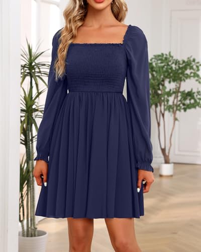 Image of Holipick Women's Casual Square Neck Smocked Dress Shirred Ruffle Puff Sleeve High Waist Cute Flowy A-Line Short Dress