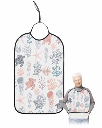 LEOKOTI Red Grey Coastal Adult Bibs for Eating, Waterproof Bibs with Food Catcher & Adjustable Snap Closure, Nautical Summer Beach Coral Sea Turtle Washable Clothing Protectors Adult Bibs for Elderly