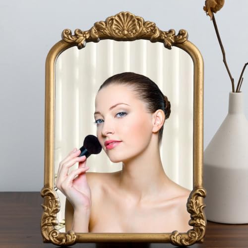 Image of Vintage Small Vanity Gold 8x12 Antique Table Desk Mirror with Stand