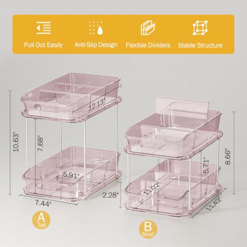 Image of Delamu 2-Tier Under Sink Organizers and Storage, Multi-Purpose Stackable Bathroom Cabinet organizers, Pull Out Kitchen Pantry Organization and Storage with Dividers(2 Pack, Pink)