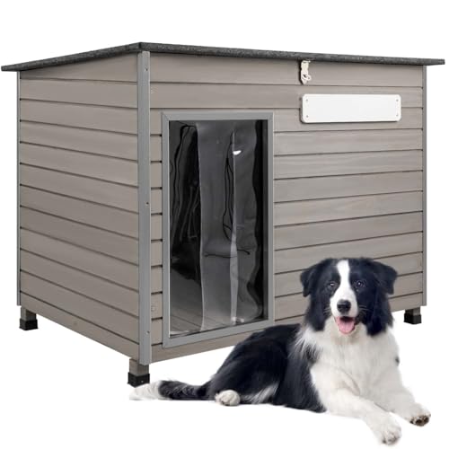 PetsCosset 43.3" L Dog House Outdoor for Large Breeds Dogs Anti Chewing Iron Frames Dog Kennel Wooden Pet Houses for Indoor Outdoor with Weatherproof