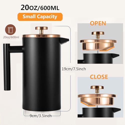 Image of Small French Press Coffee Maker 600ml, Black Double-Wall Insulated French Press Coffee Press Stainless Steel for travel camping, Included 2 Extra Fliters and 1 Coffee Spoon (2-4cup, 20 OZ)