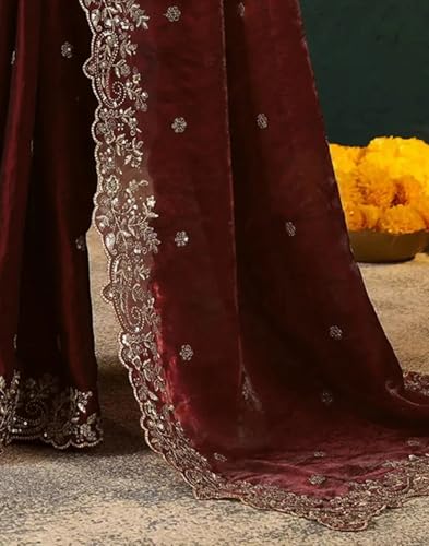 Image of Sidhidata Women's Soft Fandy Satin Embroidered Saree With Multi Sequence Cut Work Boarder & Comes With Unstitched Blouse Piece (Jimmy Free Size)