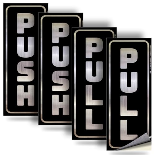 iSYFIX Push Pull Stickers Sign, 2.8x7 Inch, Brushed Silver/Black, 2 Pack