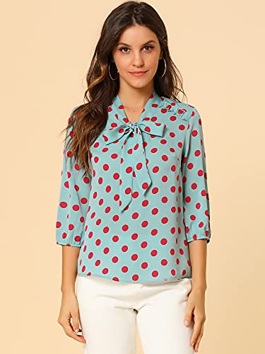 Allegra K Women's Printed Ruffle Shoulder Elastic Cuff Bow Tie Neck Blouse Medium Lake Blue #TOP1