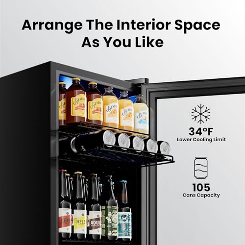 Image of Yeego Beverage Refrigerator Cooler, 105-Can Mini Fridge with Glass Door, Adjustable Shelves, Digital Temperature Control for Soda, Beer, and Wine, Ideal for Home or Office