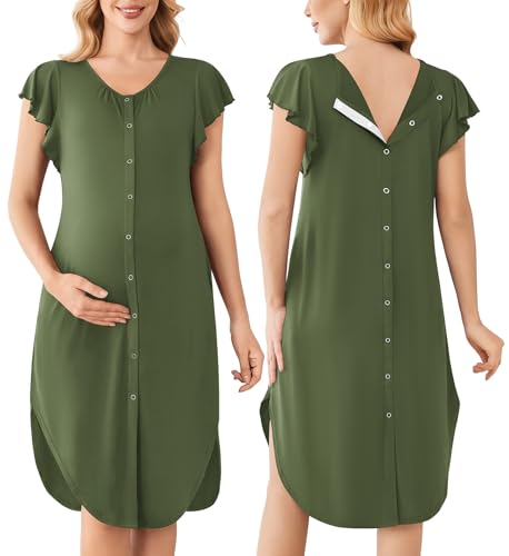 Ekouaer Labor and Delivery Gown 3 in 1 Nursing/Hospital/Breastfeeding/Maternity Flying Short Sleeve Nightgown with Button Army Green XL