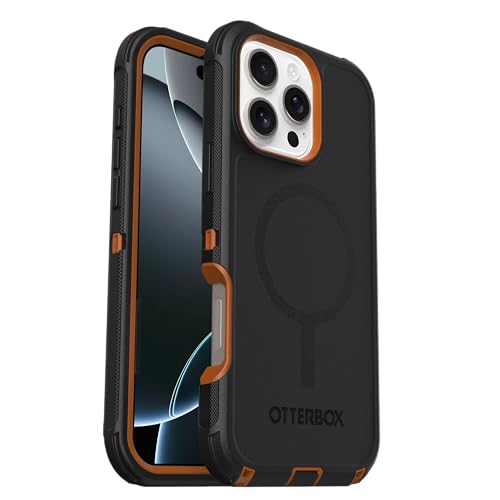 Image of OtterBox iPhone 16 Pro Max (Only) Defender Series MagSafe Case - Iron Eclipse (Black & Orange) - Built-in Magnets - Screenless - Rugged & Durable - with Port Protection