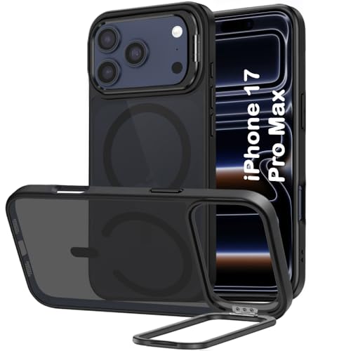 Image of TheGiftKart Hybrid Matte Frosted Back Cover Case for iPhone 17 Pro Max Compatible with MagSafe | Built-in Stand | Shockproof Hard Back Cover Case for iPhone 17 Pro Max (PC & TPU, Translucent Black)