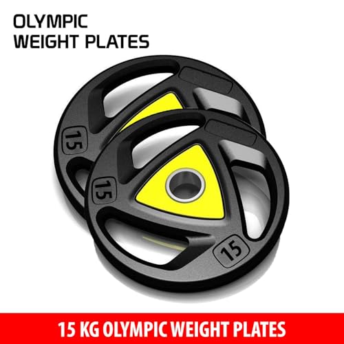 Image of Olympic weight plates Barbell /Rod Rubber Plates Barbell plates Gym weights (15 KG Pack of 2), 3 Holes Hand Grip Cast iron weight plates Rubber coated plates with 50mm Internal Dia (15KG Pack of 2)