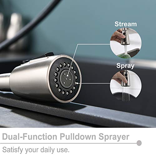VALISY Lead-free Modern Commercial Single Hole Pull Down Brushed Nickel Kitchen Sink Faucet,1 handle High-Arc Tall Faucets for Kitchen Bar RV Laundry Utility Sinks with Pull Out Sprayer VAQY263LD
