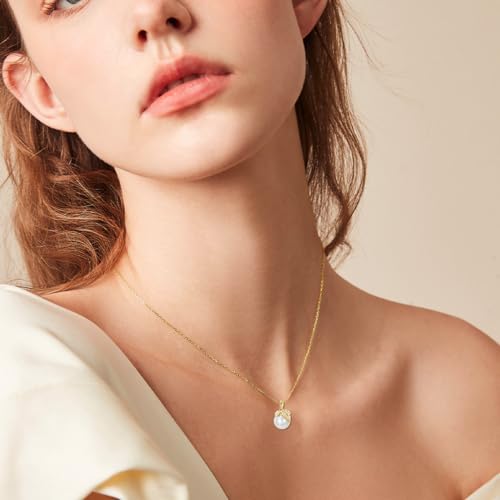 14k Gold Created Moissanite Leaf and Freshwater Cultured Pearl Pendant Necklace for Women, Fine 14kt Gold Pearl Jewerly Gifts for Her, 16-18 Inches2
