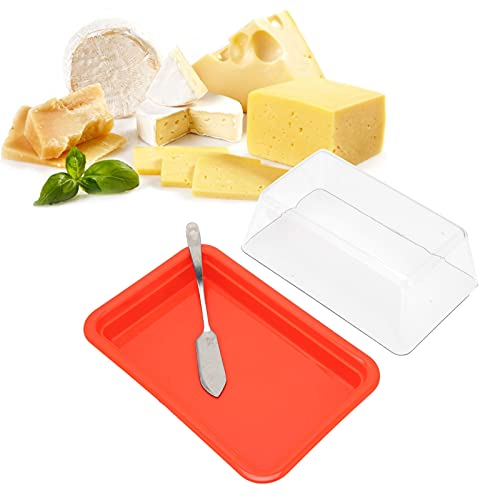 Butter Dish, Quadrate Plastic Butter Storage Box Butter Cutter Box Cheese Container with Transparent Lid for Kitchen Restaurant(Red)