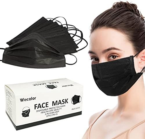 Wecolor 50 Pcs Disposable 3 Ply Earloop Face Masks, Suitable for Home, School, Office and Outdoors (Black)