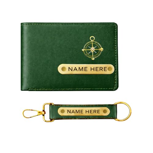 Image of Premium Customized Wallet & Keychain Combo for Men - Stylish Faux Leather Gift Set with Personalized Name & Charm - Ideal Birthday, Anniversary & Festival Present (Green)