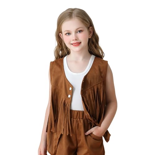 Girls Cute Hippie Western Tassel Vest Waistcoat Jacket+faux Suede Fringe Shorts 2 Piece Set Vintage Casual Cowgirl Outfits