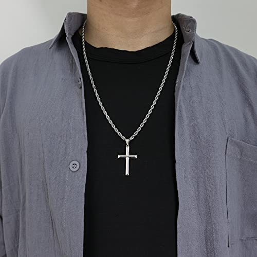925 Sterling Silver Cross Necklace for Men with 3.5mm Stainless Steel Twist Clasp Rope Chain Necklace Beveled Edge Cross Pendant Necklace for Men Women 16-28 Inches2