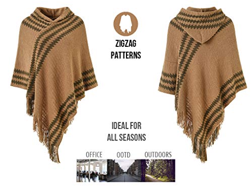 Ferand Chic-cape voor dames, met capuchon, gebreid, zigzagstrepen en franjes - Image 4