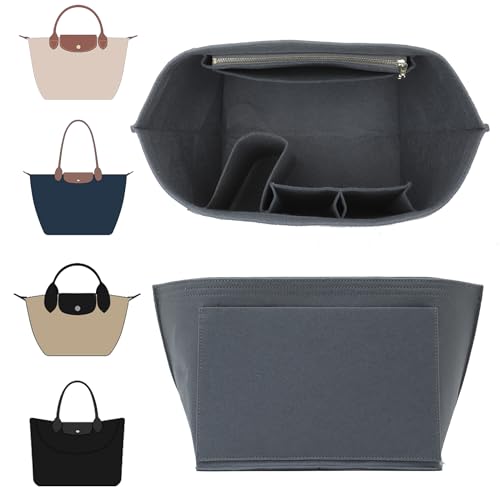 Image of Doxo Purse Organizer Insert for Longchamp Le Pliage, Premium Felt Tote Bag Organizer with 8 Compartments and Zippered Pocket (Light Grey, Large)