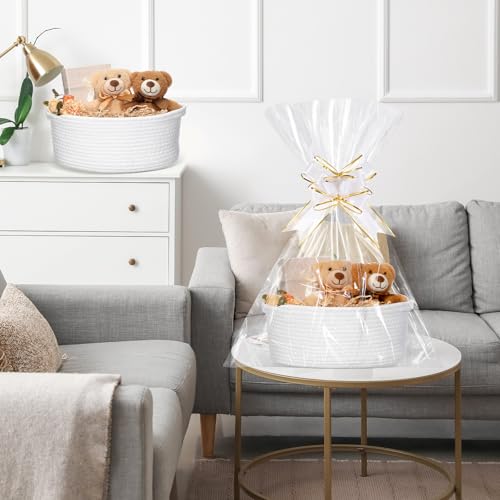 Image of Colingmill Woven Basket with Gift Bags and 2 Ribbons, Raffia Grass Paper Shred Filler, Gift Card, Empty Small Rope Basket for Storage Presents Toy Organizer(White,12 * 8 Inch)