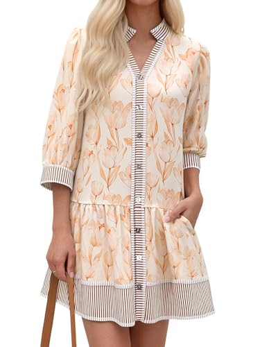 Wenrine Women's Floral Boho Mini Dress 3/4 Long Sleeve V Neck Casual Button Down Shirt Dresses Khaki