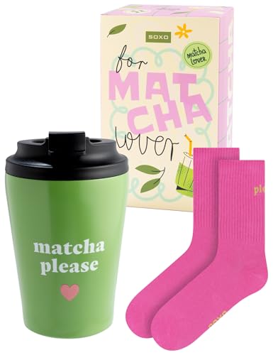 soxo Matcha Thermobecher mit Socken Geschenkset - Edelstahl Reisebecher mit Lustigen Socken 35-40 Geschenk für Frauen für Matcha Liebhaber