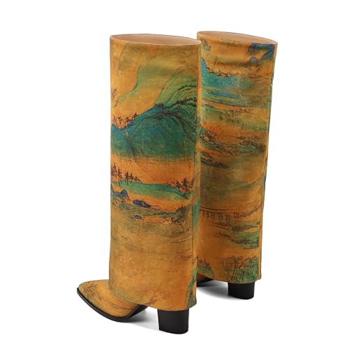 Limited‑Edition Fabric Landscape Print Cowboy Boots 9 cm Block Heel – Perfect for Country Concerts3