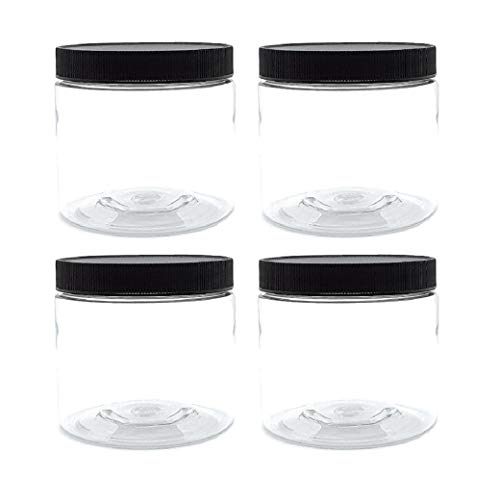 Clear Plastic Jars 16 ounce with Black Lids (4-Pack) Refillable Empty Storage Containers with Lids for Cream, Lotions, Beauty Products, Kitchen, Arts Crafts Supplies