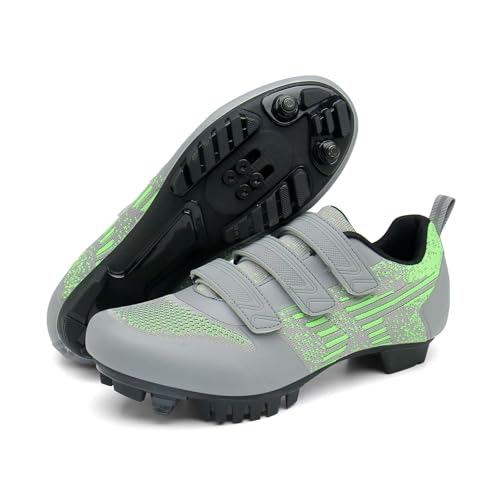 ENEN Zapatillas de Ciclismo para Hombre Mujer, Gancho y Bucle MTB Zapatos 39-46EU Bicicleta de Montaña, Zapatillas de Bicicleta de Carretera Compatibles SPD Lock (Gris Verde,39)