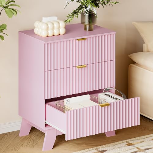 Image of BORNOON Fluted 3 Drawer Dresser, 30.3 inch Tall Compact Modern Boho Chest of Drawers, Wooden Storage Cabinet for Bedroom, Living Room, Entryway, Curved Profile Design