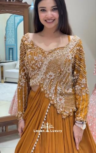 Image of indo Western Crep Silk Lehenga Set with Fully Stitched Blouse and Embroidered Koti Jacket for Women Lehenga Choli Musterd