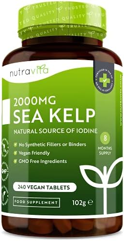Sea Kelp 2000mg - Natural Source of Iodine - 240 Vegan Tablets (8 Month Supply) - GMO Free Supplement - Made in The UK by Nutravita