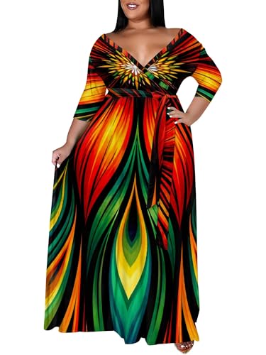 Image of SUZONANA Plus Size Maxi Dresses for Curcy Women Casual Loose 3 /4 Sleeve Long Dress with Belt
