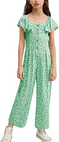 KIMMTA Girl’s Summer Floral Printed Rompers Ruffle Short Sleeve Wide Leg Jumpsuits with Button