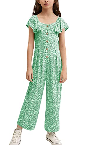 Kimmta Girl’s Summer Floral Printed Rompers Ruffle Short Sleeve Wide Leg Jumpsuits With Button #TOP19