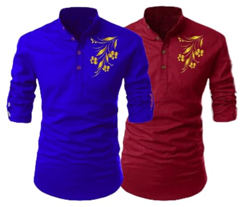 Image of DEELMO Men's Cotton Blend Floral Print Casual Kurta Shirt (Pack of 2)