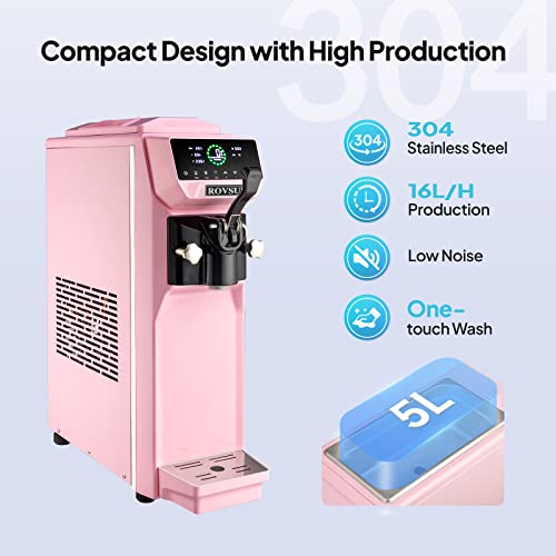 Rovsun 4.2 Gal/H Soft Serve Ice Cream Machine With Pre-Cooling, 1.32 Gal Tank, Lcd Touch Screen, Ice Cream Maker Soft Serve Machine Countertop For Cafe, Restaurant, Party, Home 1050W, Pink #TOP1
