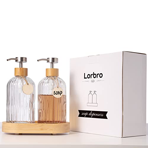 Lorbro Kitchen Soap Dispenser Set, Glass Soap Dispenser With Stainless Steel Pump And Tall Bamboo Tray, Clear Liquid Soap Dispenser, Farmhouse Hand Soap Dispenser For Bathroom, Modern Boho Decor #TOP6