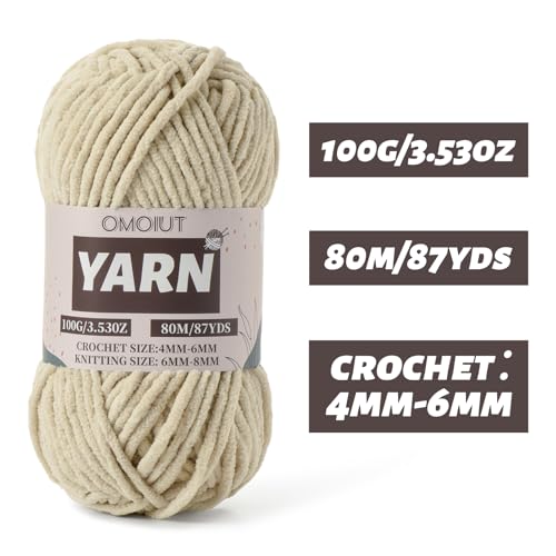 Image of Light Khaki Fluffy Chenille Yarn for Crocheting - Baby Yarn for Crocheting Soft Blanket - (100g /87.4yds) Crochet Amigurumi Chunky Yarns - Super Bulky 5 Velvet Yarns