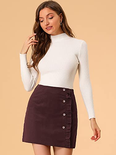 Allegra K Women's Corduroy Vintage Button Decor Ruffled Trim High Waist Short Skirt X-Large Burgundy #TOP3