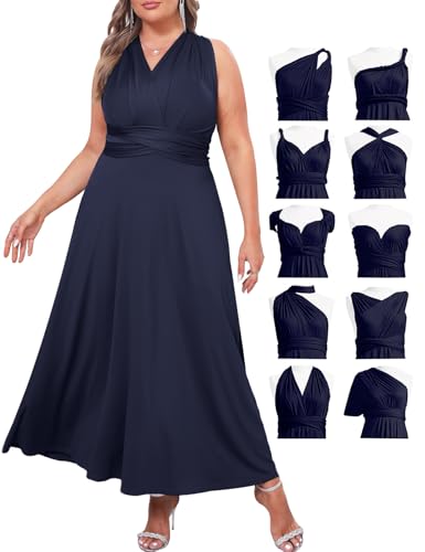 ZOMVA Plus Size Infinity Bridesmaid Dress with Bandeau Convertible Long Maxi Formal Evening Gown Prom for Wedding, Navy, Ankle Length, 3XL-5XL