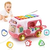 Toys for 1 8+ Months Girls Gift-Birthday Gifts for Girl,Musical Sensory Bus with Xylophone Shape Blocks Pull Along Toy Early Educational Montessori Baby Toys for 1-2 Year Old Christmas
