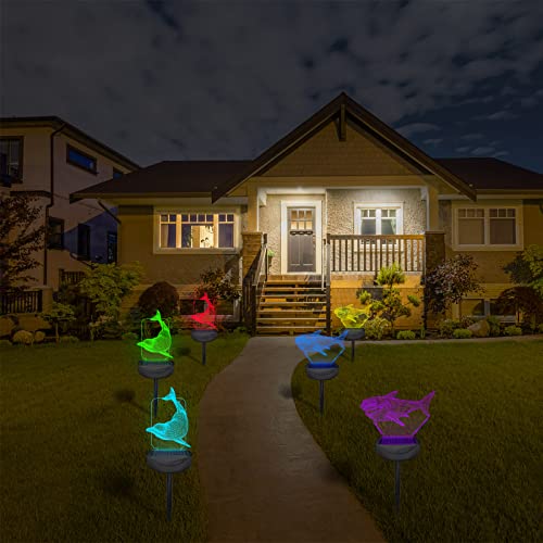 Hugsee 3D Solar Lawn Lights Outdoor Solar Lights Decorative Rgb Led Colorful Lawn Light With 7 Colors 4 Flashing Mode Waterproof Acrylic Night Light Lawn Lamp For Pathway Patio Garden(Shark+Dolphin) #TOP5