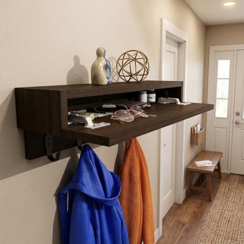 CANCHIC Wall Mounted Coat Rack with Hidden Storage & LED Light, 24 Inch / 61 cm Wood Floating Shelf with 5 Hooks, Entryway Mail Organizer & Key Holder for Hallway, Mudroom & Foyer, Dark Walnut Finish by CANCHIC - Image 6